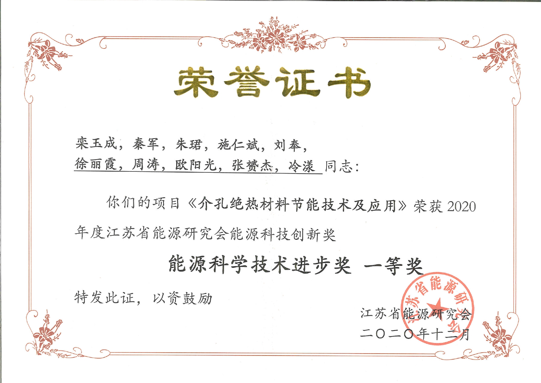 能源科學(xué)技術(shù)進(jìn)步獎(jiǎng)一等獎(jiǎng)